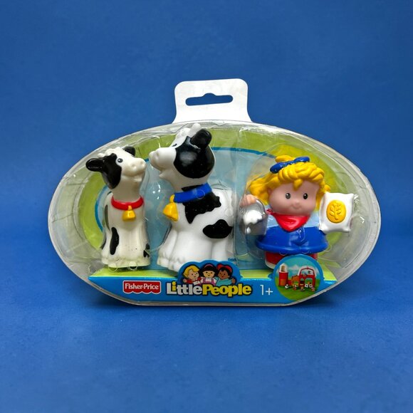NEW Fisher Price Little People Sarah Lynn Dairy Farmer, 2 Black White Cows 2007